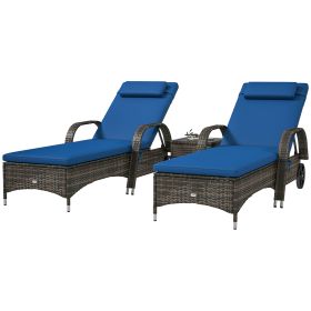 Patio Wicker Chaise Lounge Chair Set Of 2 With Table, Adjustable Backrest, Wheels, Cushion & Headrest, Blue (Color: Blue)